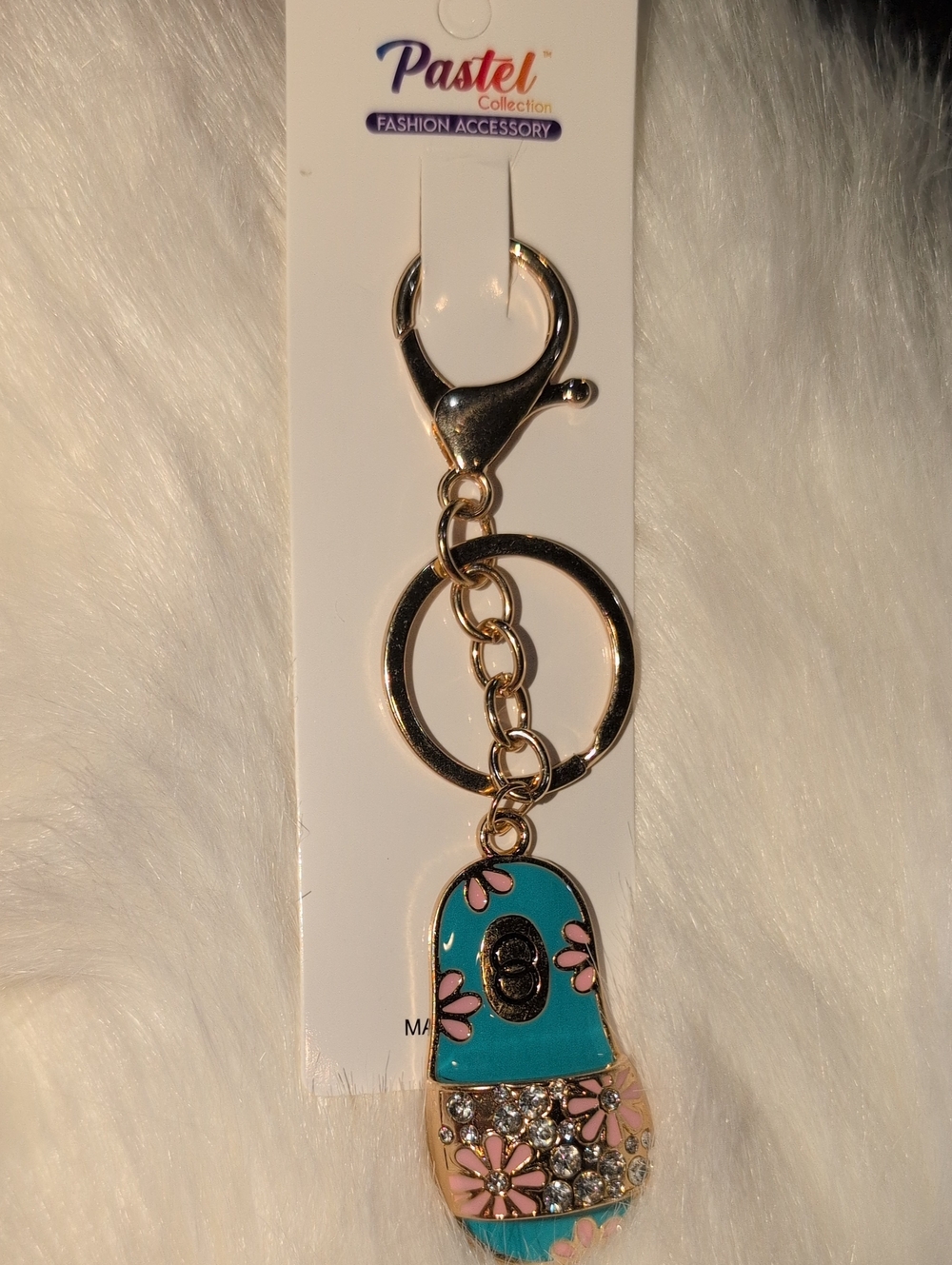 Teal & Pink Floral Enamel Sandal Keychain Bag Charm Gold Toned